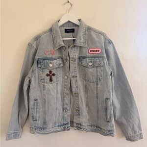 Light Wash Denim Jacket with Pink Patches